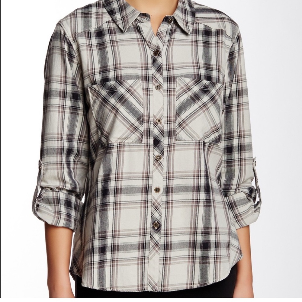Michael Stars Plaid blouse Roll Tab Sleeves Black Gray White Size Small C4